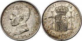 1905*1905. Alfonso XIII. SMV. 1 peseta. (AC. 70). Parte de brillo original. Escasa. 4,96 g. MBC+.