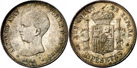 1889*1889. Alfonso XIII. MPM. 2 pesetas. (AC. 82). Leves impurezas. Bella. Brillo original. Rara así. 9,91 g. EBC.