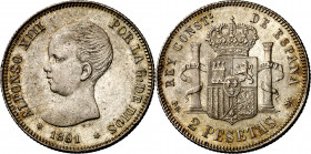 1891*1891. Alfonso XIII. PGM. 2 pesetas. (AC. 84). Leves marquitas. Atractiva. Parte de brillo original. Muy escasa así. 9,96 g. EBC-.