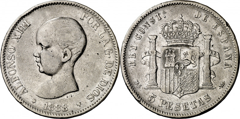 1888*--88. Alfonso XIII. MSM. 5 pesetas. (AC. 89). Golpecitos. Rara. 24,67 g. MB...