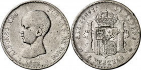 1888*--88. Alfonso XIII. MSM. 5 pesetas. (AC. 89). Golpecitos. Rara. 24,67 g. MBC-/BC+.
