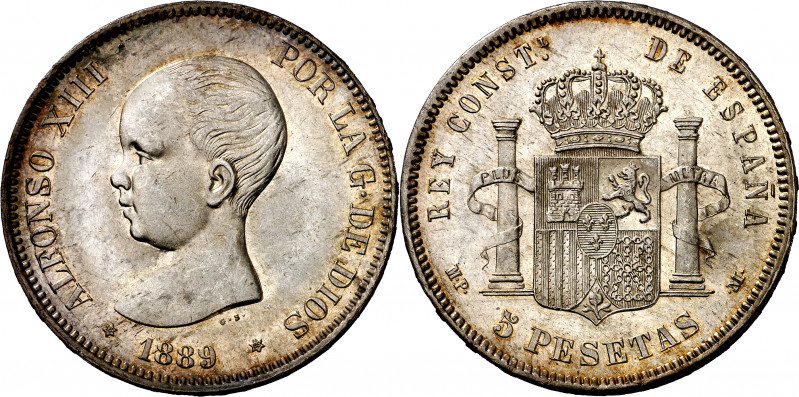 1889*1889. Alfonso XIII. MPM. 5 pesetas. (AC. 93). Leves rayitas. Preciosa pátin...