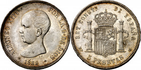 1889*1889. Alfonso XIII. MPM. 5 pesetas. (AC. 93). Leves rayitas. Preciosa pátina. Escasa así. 25 g. EBC.