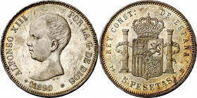 1890*1890. Alfonso XIII. PGM. 5 pesetas. (AC. 97). Bella. Brillo original. Preciosa pátina. Escasa así. 25,04 g. EBC/EBC+.