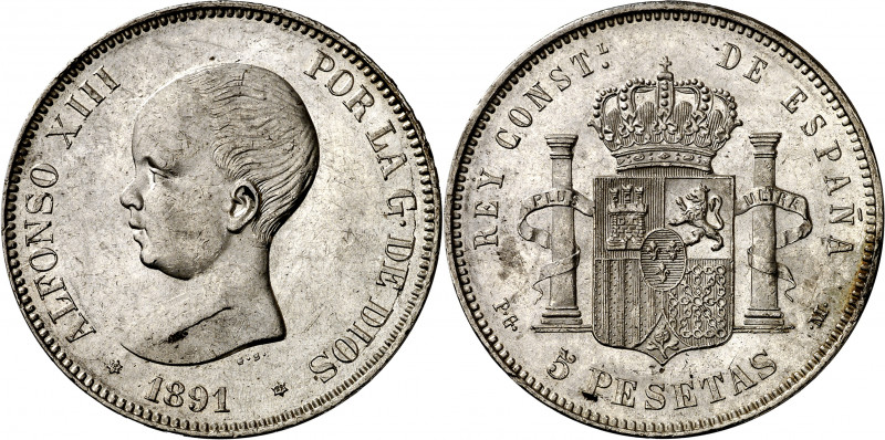 1891*1891. Alfonso XIII. PGM. 5 pesetas. (AC. 98). Leves rayitas. Ligeramente li...