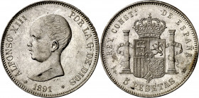 1891*1891. Alfonso XIII. PGM. 5 pesetas. (AC. 98). Leves rayitas. Ligeramente limpiada. Bella. Escasa así. 24,90 g. EBC/EBC+.