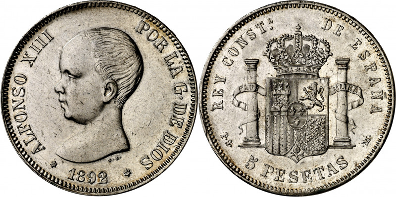 1892*1892. Alfonso XIII. PGM. 5 pesetas. (AC. 99). Tipo "pelón". Limpiada. 24,98...