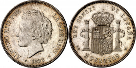 1892*1892. Alfonso XIII. PGM. 5 pesetas. (AC. 100). Tipo "bucles". Leves rayitas. Brillo original. 24,80 g. EBC-/EBC+.