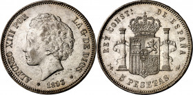 1893*1893. Alfonso XIII. PGL. 5 pesetas. (AC. 102). Leves rayitas. 24,96 g. (EBC-).