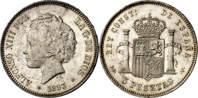 1893*1893. Alfonso XIII. PGV. 5 pesetas. (AC. 103). Leves rayitas. Bella. Muy escasa así. 24,85 g. EBC.
