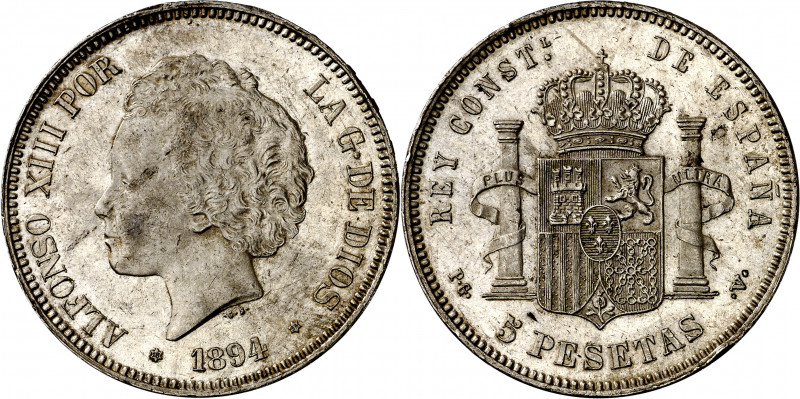 1894*1894. Alfonso XIII. PGV. 5 pesetas. (AC. 104). Leves marquitas. Golpecito c...