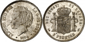 1894*1894. Alfonso XIII. PGV. 5 pesetas. (AC. 104). Leves marquitas. Golpecito canto. Bella. Brillo original. Escasa así. 24,88 g. EBC.