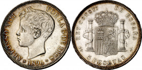 1896*1896. Alfonso XIII. PGV. 5 pesetas. (AC. 106). Leves rayitas. Bella. Preciosa pátina. 24,85 g. EBC+.