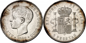1897*1897. Alfonso XIII. SGV. 5 pesetas. (AC. 107). Golpecito. Rayitas. 24,87 g. EBC-/EBC.
