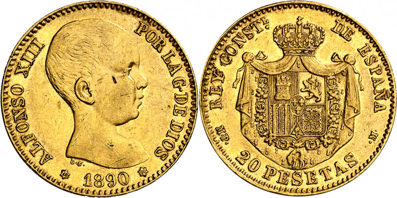 1890*1890. Alfonso XIII. MPM. 20 pesetas. (AC. 114). Leves golpecitos. Parte de ...