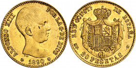 1890*1890. Alfonso XIII. MPM. 20 pesetas. (AC. 114). Leves golpecitos. Parte de brillo original. 6,44 g. EBC-.