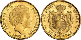 1892*1892. Alfonso XIII. PGM. 20 pesetas. (AC. 115). Tipo "bucles". Leves golpecitos. Parte de brillo original. Rara. 6,45 g. MBC+/EBC-.