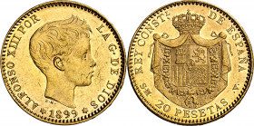 1899*1899. Alfonso XIII. SMV. 20 pesetas. (AC. 116). Leves rayitas. Brillo original. 6,47 g. EBC-/EBC.