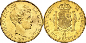 1897*1897. Alfonso XIII. SGV. 100 pesetas. (AC. 119). Golpecitos. Parte de brillo original. 32,21 g. EBC-.