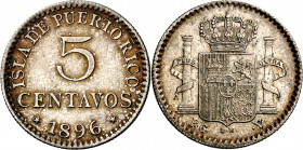 1896. Alfonso XIII. Puerto Rico. PGV. 5 centavos. (AC. 124). Leves rayitas. Bonito color. Ex Áureo 27/09/2005, nº 1206. Escasa así. 1,21 g. MBC+.
