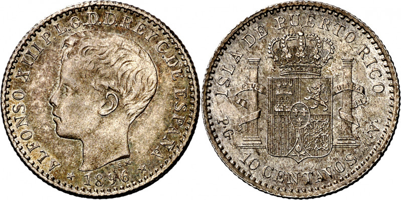 1896. Alfonso XIII. Puerto Rico. PGV. 10 centavos. (AC. 125). Bella. Brillo orig...