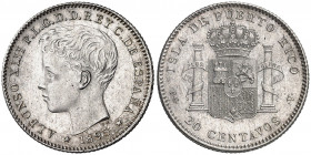1895. Alfonso XIII. Puerto Rico. PGV. 20 centavos. (AC. 126). Muy bella. Brillo original. Ex Áureo 21/06/2007, nº 691. Rarísima así. 4,95 g. S/C-.