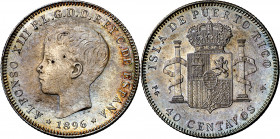 1896. Alfonso XIII. Puerto Rico. PGV. 40 centavos. (AC. 127). Leves marquitas. Preciosa pátina. Escasa y más así. 9,87 g. EBC-.
