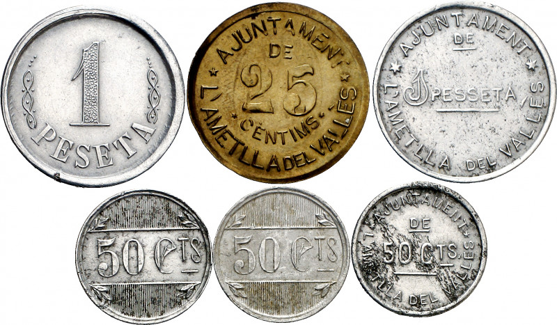 L'Ametlla del Vallès. 25, 50 céntimos (dos) y 1 peseta (dos). (AC. 1 a 5). 5 mon...