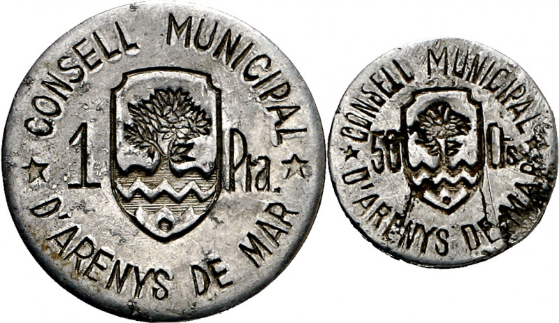 Arenys de Mar. 50 céntimos y 1 peseta. (AC. 6 y 7). 2 monedas, serie completa. U...