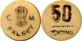 Falset. 50 céntimos. (T. 1123b var). Celuloide. Reverso girado. Rara. 0,63 g. MBC.