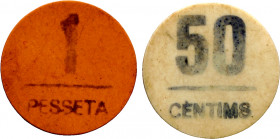 Falset. 50 céntimos y 1 peseta. (T. 1122 y 1123 var). 2 monedas en celuloide, el de 50 céntimos con el reverso girado. Muy raras. MBC.