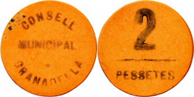 La Granadella. 2 pesetas. (T. 1340b). Celuloide. Reverso girado 45º a izquierda. Rarísima. 0,67 g. MBC.