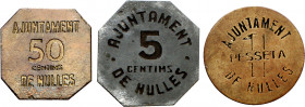 Nulles. 5, 50 céntimos y 1 peseta. (AC. 25, 28 y 29). 3 monedas. Raras. MBC-/MBC+.