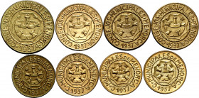 Menorca (Baleares). 25 céntimos (cuatro), 1 peseta (tres) y 2'50 pesetas. (AC. 22 a 24). Lote de 8 monedas. MBC-/EBC.