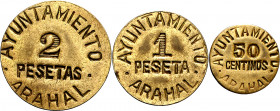 Arahal (Sevilla). 50 céntimos, 1 y 2 pesetas. (AC. 40 a 42). 3 monedas, serie completa. EBC+.