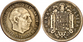 1946*1948. Franco. 1 peseta. (AC. 45). Busto "Benlliure". Rayitas. Muy rara. 3,40 g. MBC-.