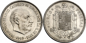 1949*E-51. Franco. 5 pesetas. (AC. 153). II Exposición Nacional de Numismática e Internacional de Medallística. Muy rara. 15 g. S/C.