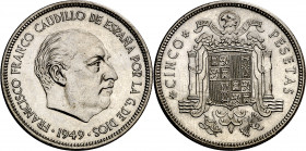 1949*1951. Franco. 5 pesetas. (AC. 96). Bella. Muy pocos ejemplares conocidos. Rarísima. 15 g. S/C-.