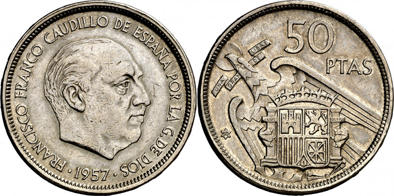 1957*58. Franco. 50 pesetas. (AC. 133). UNA-LIBRE-GRANDE. Rara. 12,60 g. MBC.