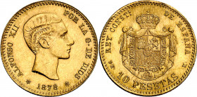 1878*1961. Franco. DEM. 10 pesetas. (AC. 167). Acuñación de 496 ejemplares. Leves rayitas. Bella. Rara. 3,21 g. S/C-.