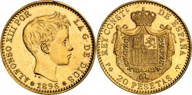 1896*1961. Franco. PGV. 20 pesetas. (AC. 172). Acuñación de 900 ejemplares. Leves rayitas. Bella. Rara. 6,43 g. S/C-.