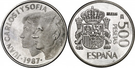 1987. Juan Carlos I. 500 pesetas. Prueba en aluminio. Rara. 10,59 g. Proof.