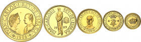 1989. Juan Carlos I. 5000, 10000, 20000, 40000 y 80000 pesetas. (Fuster MC-26 a 30). V Centenario. Serie I. Lote de 5 estuches oficiales con certifica...