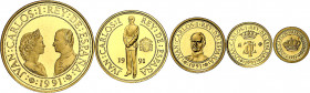 1991. Juan Carlos I. 5000, 10000, 20000, 40000 y 80000 pesetas. (Fuster MC-50 a 54). V Centenario. Serie III. Lote de 5 estuches oficiales con certifi...