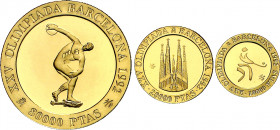 1990. Juan Carlos I. 10000, 20000 y 80000 pesetas. (Fuster MC-74 a 77). Juegos Olímpicos - Barcelona '92. 1ª serie: Atleta cósmico, Sagrada Familia y ...