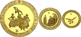 1991. Juan Carlos I. 10000, 20000 y 80000 pesetas. (Fuster MC-88 a 90). Juegos Olímpicos - Barcelona '92. 3ª serie: El Pelele, Estadio de Montjuic y T...