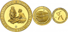 1992. Juan Carlos I. 10000, 20000 y 80000 pesetas. (Fuster MC-95 a 97). Juegos Olímpicos - Barcelona '92. 4ª serie: Niños jugando, Palau Sant Jordi y ...