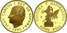 1995. Juan Carlos I. 80000 pesetas. (Fuster MC-122). Cultura y Naturaleza. Leda atómica.En estuche oficial con certificado. Oro. 27 g. Proof.