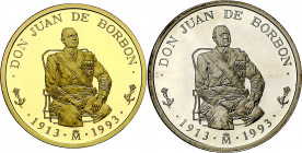 1993. Juan Carlos I. 5 y 100 ecus. (Fuster MC-12 y13). Homenaje a Don Juan de Borbón. En estuche oficial con certificado. Plata 33,62 g. Oro 34,55 g. ...
