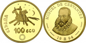 1994. Juan Carlos I. 100 ecu. (Fuster MC-17). Cervantes - Don Quijote. En estuche oficial con certificado. Oro. 34,55 g. FDC.